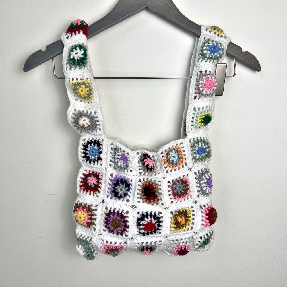 Crochet Granny Square Shoulder Tote Bag Gray Handmade Bohemian White Multicolor